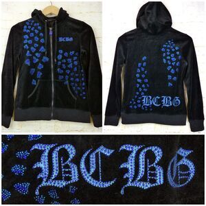 Vtg BCBGMAXAZRIA Y2K Velour Hoodie Track Jacket S Black Rhinestone Animal Spots